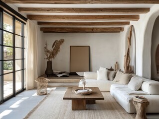 A beautifully designed living room with natural light and wood beams