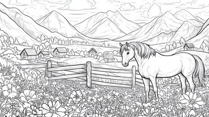 Naklejka premium Peaceful meadow scene, horses, mountains. Suitable for coloring book or print