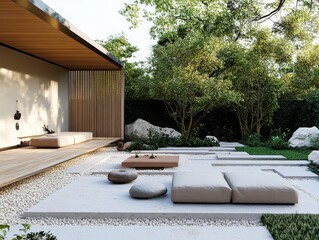 Fototapeta premium Tranquil outdoor zen garden with modern architectural elements
