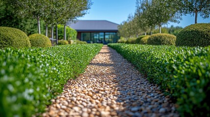 Gravel path, manicured hedges, modern home, sunny day