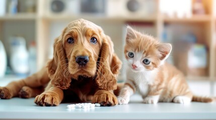 Health care. Puppy and kitten at the veterinarian. Animal clinic.