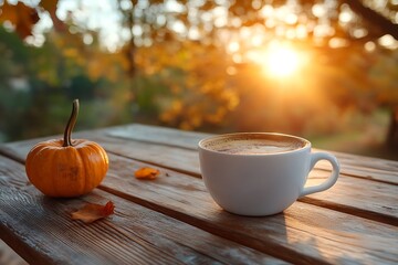 Autumn sunset coffee, park table