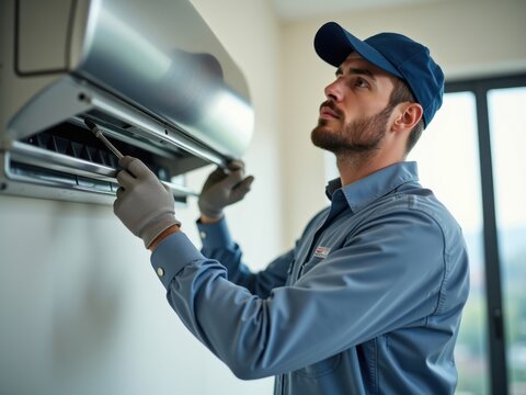 T&eacute;cnico arreglando aire acondicionado de pared, vista lateral, usando uniforme azul y guantes, fondo interior moderno
