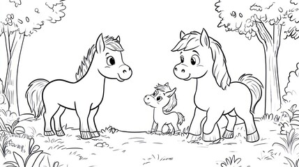 Two horses and a foal in a forest scene. Coloring book illustration