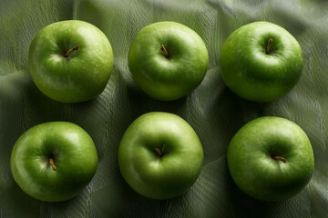 Fotograf&iacute;a profesional, de varias manzanas verdes, realizando un fondo de pantalla de un patron de manzanas perfectamente alineadas, realista, 4k
