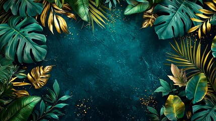 Tropical leaves frame, dark backdrop