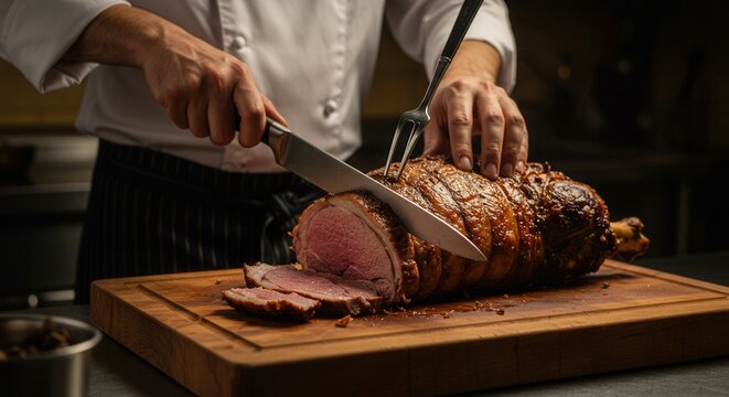 Chef Carving Roasted Beef Roast on Cutting Board with Knife