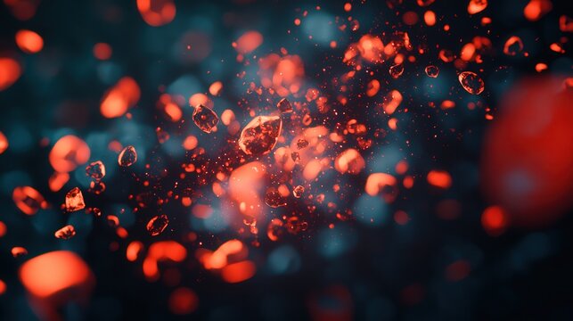 Abstract red particles on dark blue background, symbolizing dynamism and energy. Ideal for science, technology, and creative visual concepts.