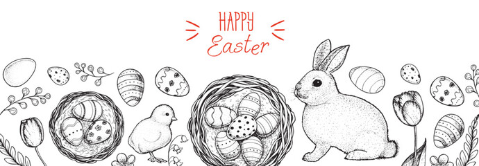 Happy Easter vintage frame. Hand drawn template for design. Easter bunny, Easter eggs, spring tulip and branches collection. Retro style sketch.