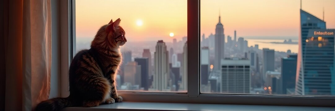 Fluffy tabby cat sitting on windowsill, looking out at the city skyline, pet, window - Powered by Adobe