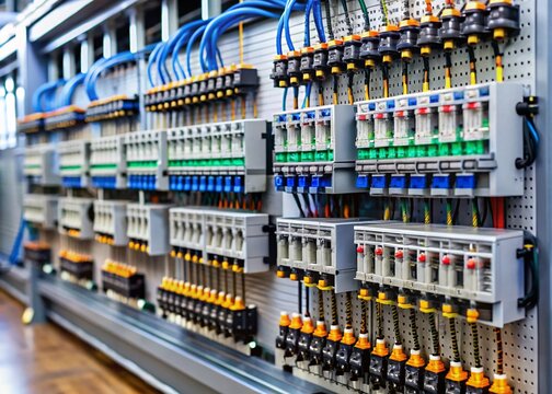Industrial Automation System: Close-up of Relays Installed in Electrical Cabinet