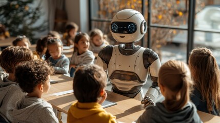Fototapeta premium Futuristic classroom humanoid robot engages students in learning
