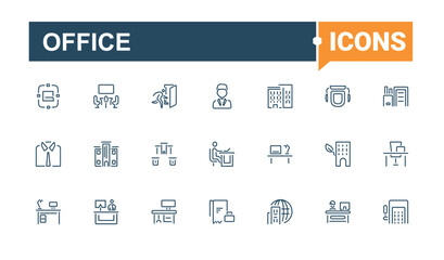 Office modern icon. Included icons as leader, tea, businessman, meeting, table and more. Set of line pictogram. Editable stroke icon collections.