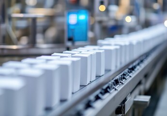 Obraz premium White packaging boxes moving on conveyor belt in modern automated factory with blurred background and glowing lights, showcasing manufacturing process intricacies