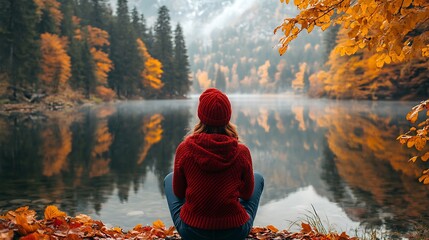 Woman Contemplates Autumn Lake Reflections