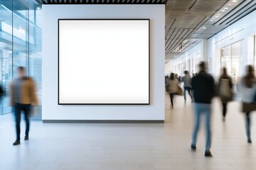 Fototapeta premium Minimalist poster displayed on a blank wall in a modern shopping mall with blurred shoppers passing by, providing a clean mockup for design purposes