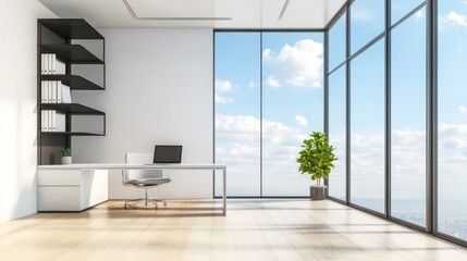 Fototapeta premium Modern office corner desk with city view. Interior design. Possible use Stock photo for office supplies, interior design, or commercial real estate