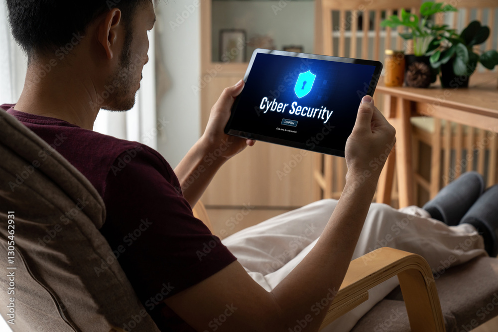 Poster cyber security system on computer screen protect private information snugly from hacker and cyber at