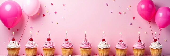 Pink birthday flat lay with cupcakes, candles, confetti, and balloons, dessert, girly