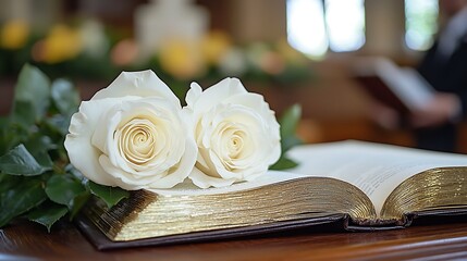 Two white roses on open book during funeral service with a blurred background