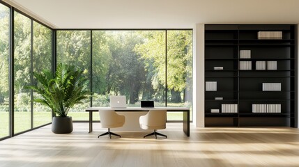 Modern office workspace with park view.  Possible for use in design magazines, home decor sites, or business websites
