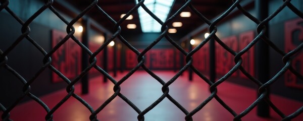 Fototapeta premium A striking view of an indoor gym space, framed through a chain-link fence, featuring vibrant red and black elements that create an energetic atmosphere.