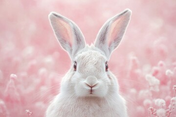 Obraz premium Cute White Rabbit in Pink Flowers