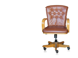 Fototapeta premium front view brown leather and brown wooden chair on white background, object, decor, furniture, fashion, home, house, copy space