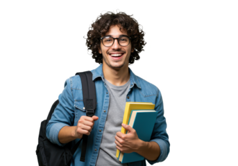A happy young male student with holds a stack of books in his arms isolated on transparent background