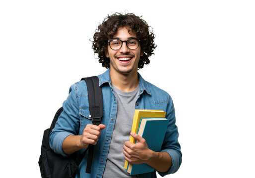 A happy young male student with holds a stack of books in his arms isolated on transparent background