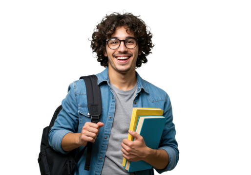 A happy young male student with holds a stack of books in his arms isolated on transparent background