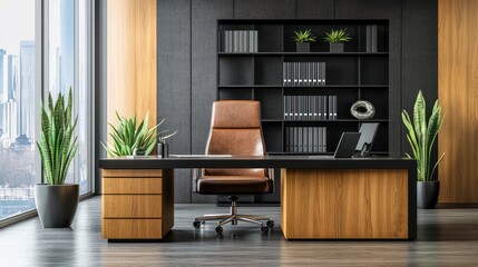 Modern office executive desk with city view