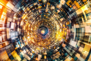 Futuristic digital tunnel with geometric abstract data flow