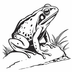 Naklejka premium A striking black and white frog drawing with bold outlines, perfect for tattoos, logos, and artistic designs. Ideal for nature and wildlife-themed projects.