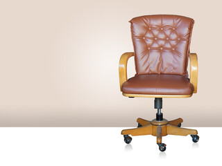 front view brown leather and brown wooden chair on white floor, cream wall background, object, decor, furniture, fashion, home, house, copy space