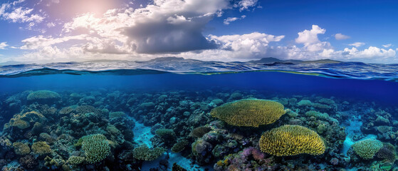 Obraz premium Beautiful panorama of a colorful coral reef beneath a clear blue sky. The sunlight illuminates the crystalclear water, showcasing diverse marine life and vibrant corals.