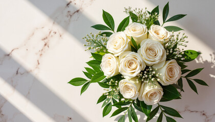 Elegant white rose wedding bouquet on stylish table, celebration concept
