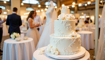 Elegant wedding cake showcased at bridal fair, celebration of love