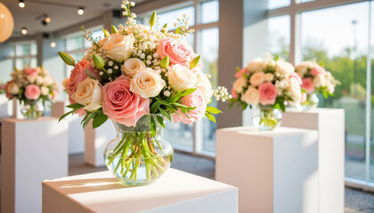 Elegant flower arrangements showcased at wedding venue, spring celebration
