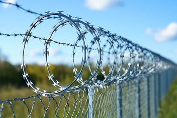 Close up of a barbed wire and razor wire topping a perimeter security fence under a blue sky