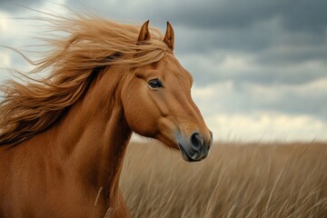 Obraz premium Beautiful palomino horse galloping through a golden field, its mane flowing in the wind, showcasing equine grace and power