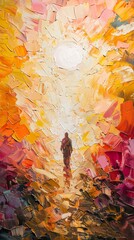 Fototapeta premium Colorful abstract landscape with a solitary figure walking towards the glowing sun