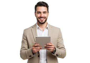 A young businessman with short neatly styled dark hair and a well groomed beard isolated on transparent background