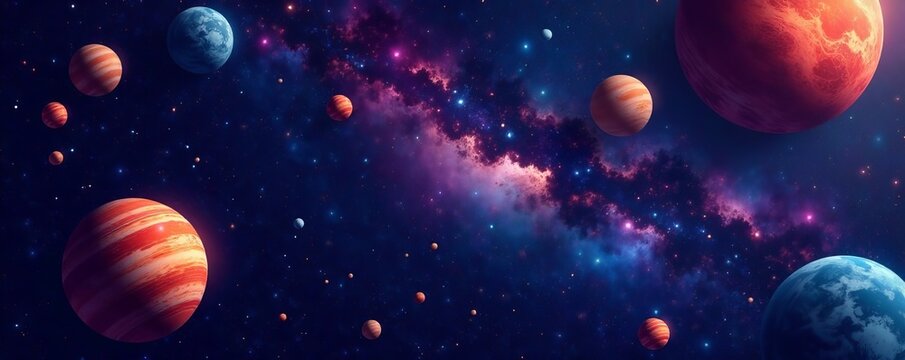 Seamless seamless patterns of planets and galaxies in deep space, ideal for astronomy or fantasy designs, celestial, background