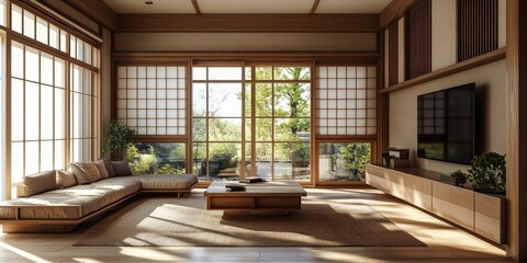 A serene living room featuring traditional japanese design elements