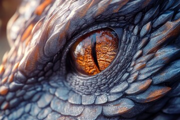 Close-up of a dragon's eye, showing intricate details of scales and an intense, captivating gaze