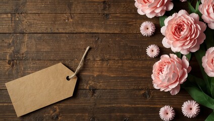 Fototapeta premium Overhead View of a Cozy Mother’s Day Corner Border with Flowers and Gift Tag on Rustic Wood