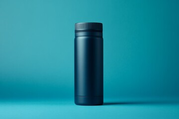 Sleek, reusable water bottle stands on a vibrant turquoise backdrop, representing hydration, sustainability, and eco-conscious choices