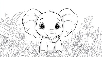 Cute elephant in jungle foliage, coloring page, children's book