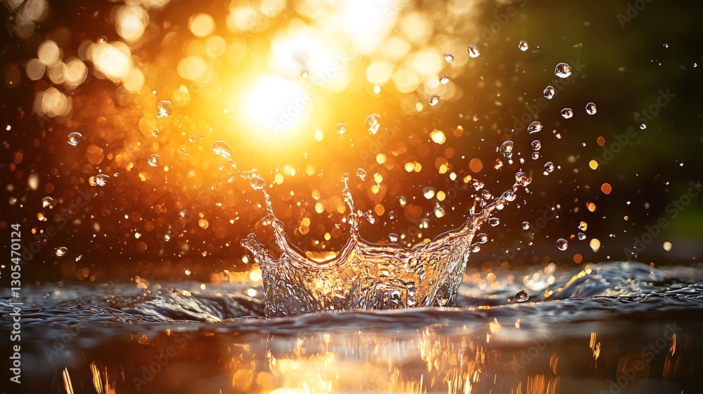 Aufkleber Water splash creating a crown-like shape with sunlit backdrop during daytime